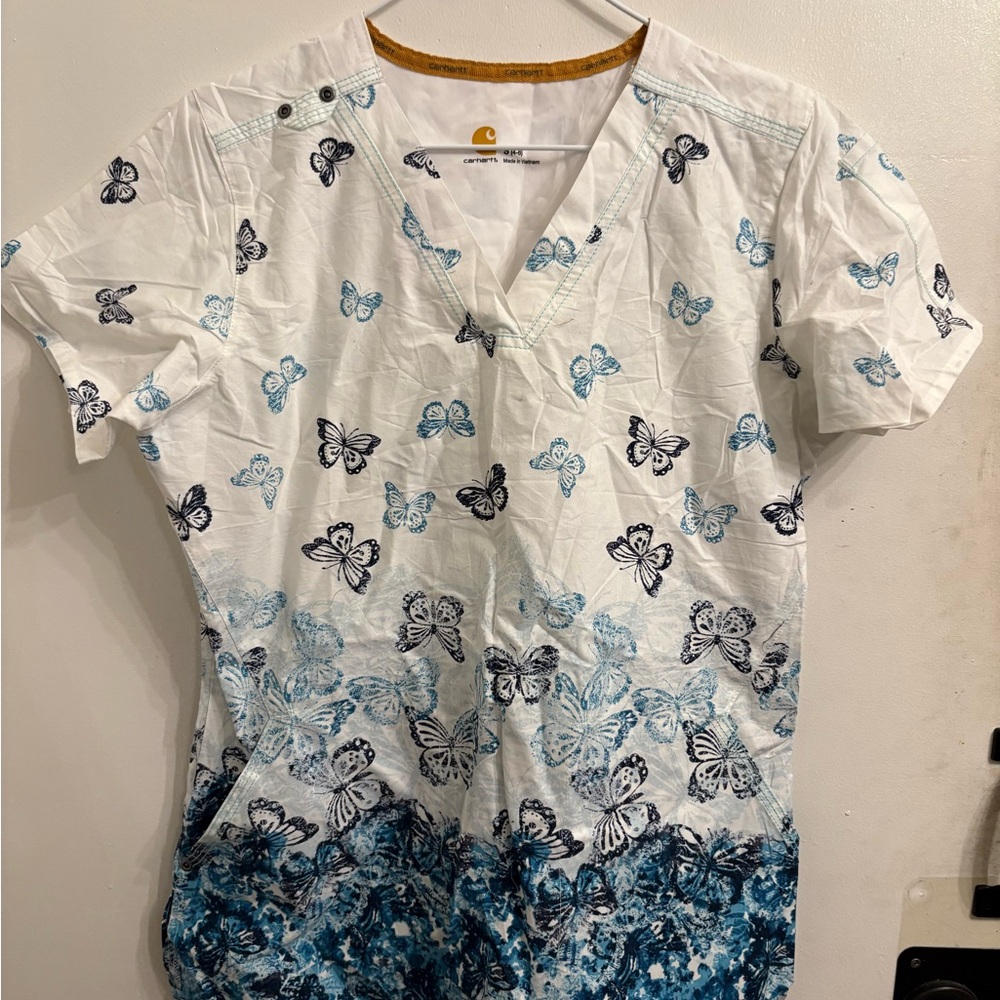 Carhartt scrub top White Shirt with Blue butterflies